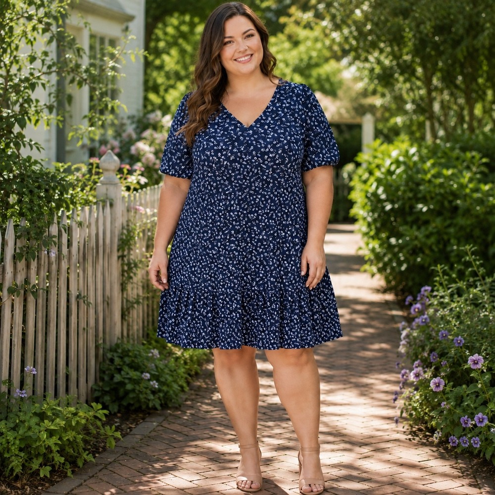 Gap Womens XXL Navy Blue Floral V-Neck Tiered Mini Dress Short Sleeve Pockets